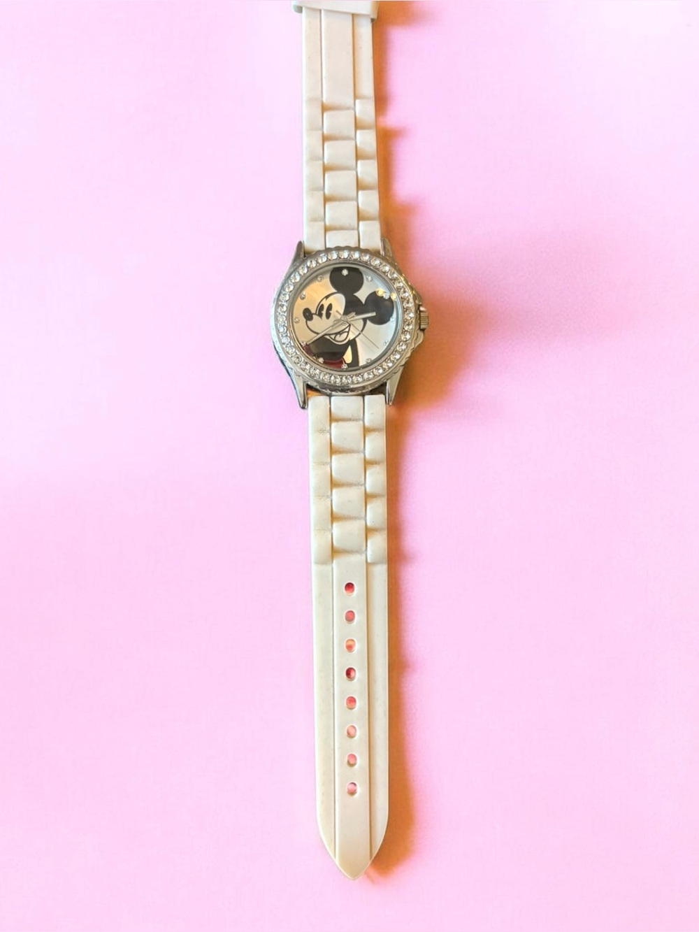 Disney White and Black Mickey Mouse Crystal Accent Silicone Strap Watch